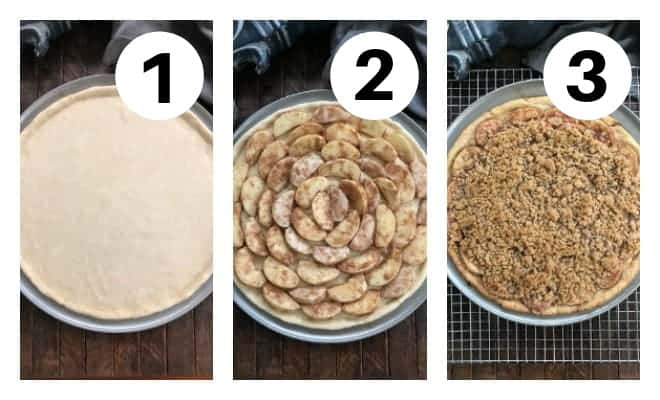 3 numbered process shots of apple pie pizza in a collage.