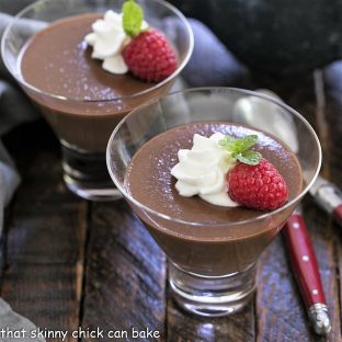 Italian chocolate pudding in 2 glass dishes and garnished with cream and berries