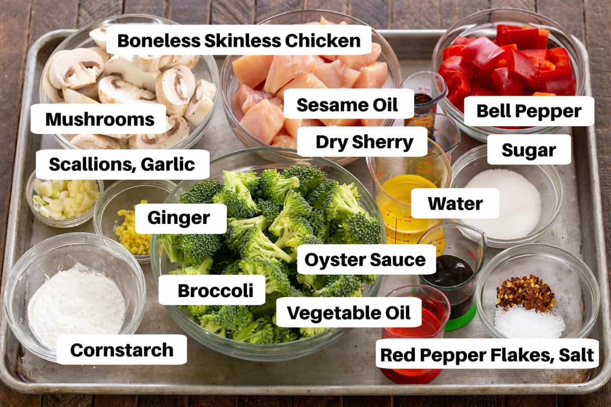 Chicken Broccoli Stir Fry Ingredients on a sheet pan with labels.