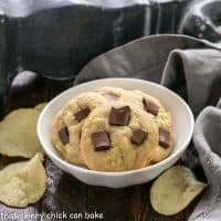 Chocolate Chunk Potato Chip Cookies in a small white bowl