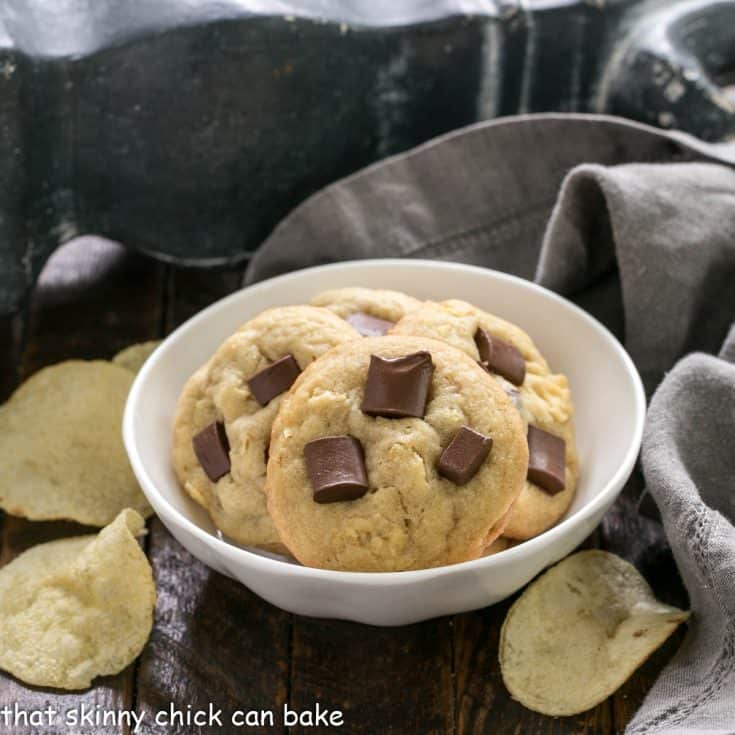 Chocolate Chunk Potato Chip Cookies in a small white bowl