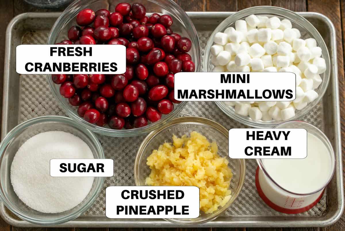 Labeled cranberry fluff ingredients on a metal sheet pan.