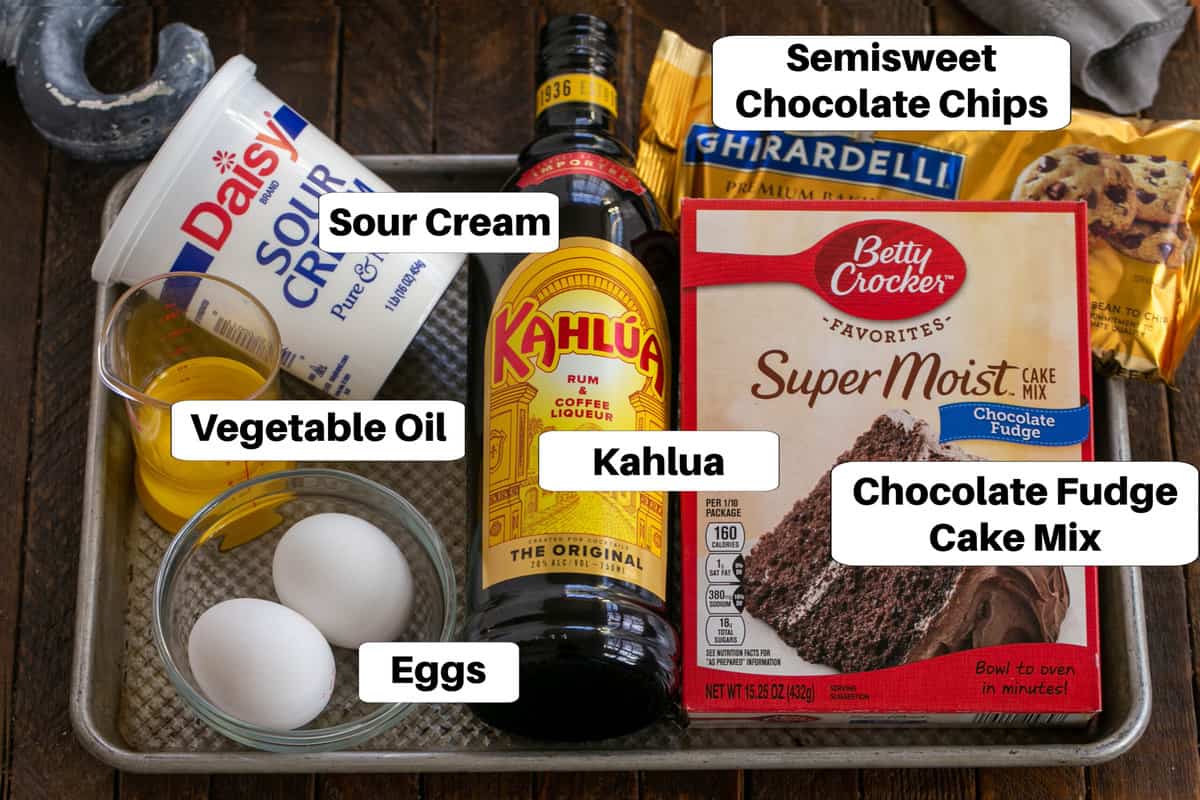 Kahlua Cake Ingredients with labels on a sheet pan.