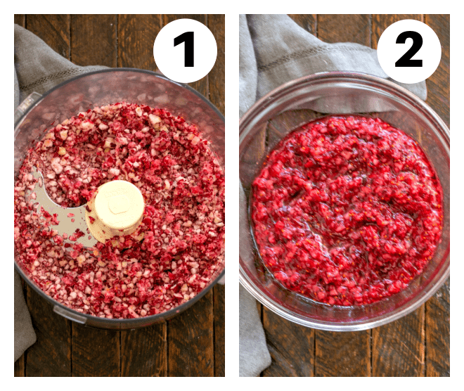 Numbered process shots 1, 2 for making cranberry fluff.