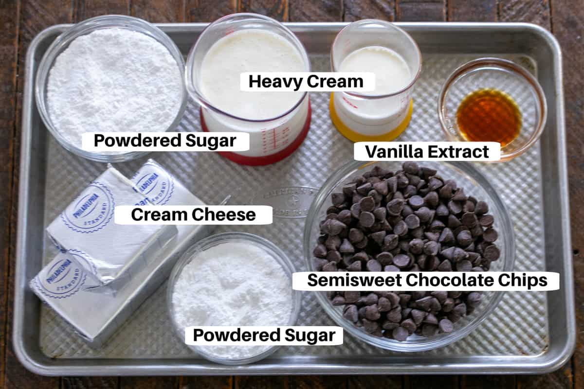 Chocolate Cream Pie Filling Ingredients with labels on a metal sheet pan.