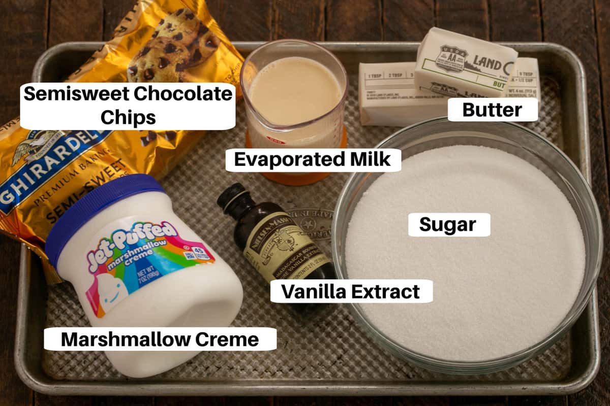 Fudge Ingredients on a metal sheetpan with labels.