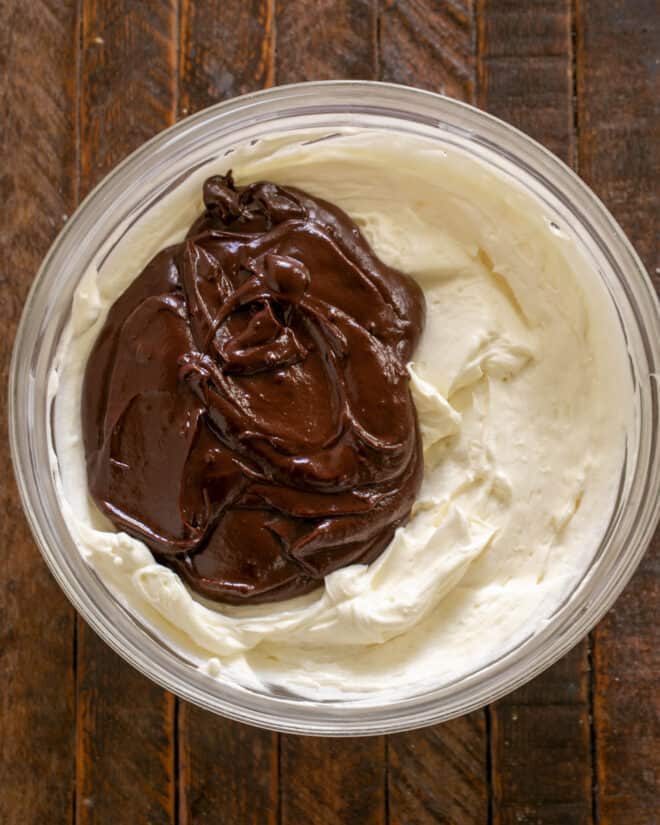 Ganache added to whipped cream mixture.