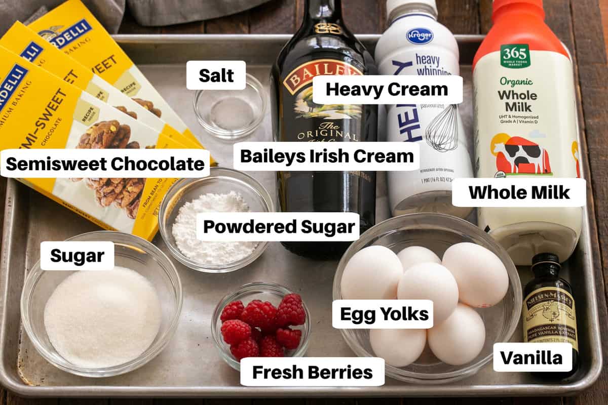 Irish Cream Pots de Creme ingredients with labels on a sheet pan.