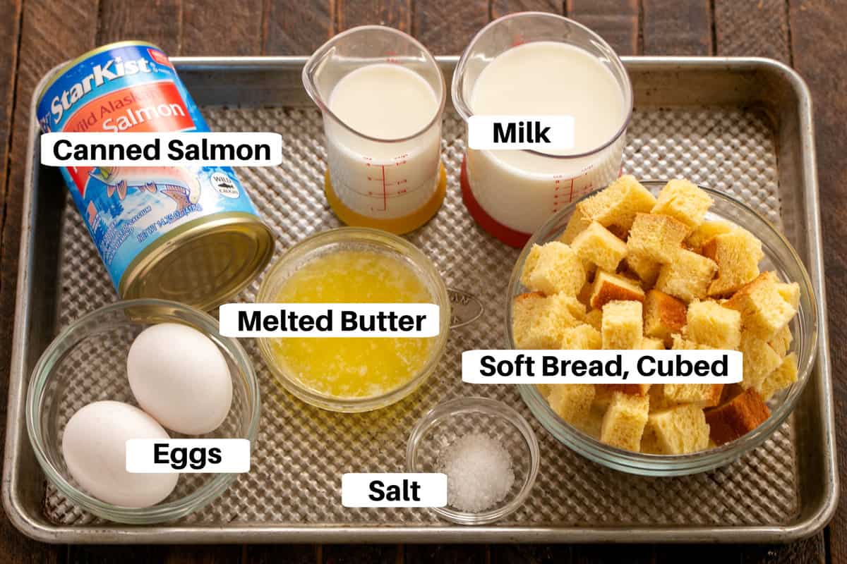 Salmon Loaf Ingredients with labels on a metal sheetpan.