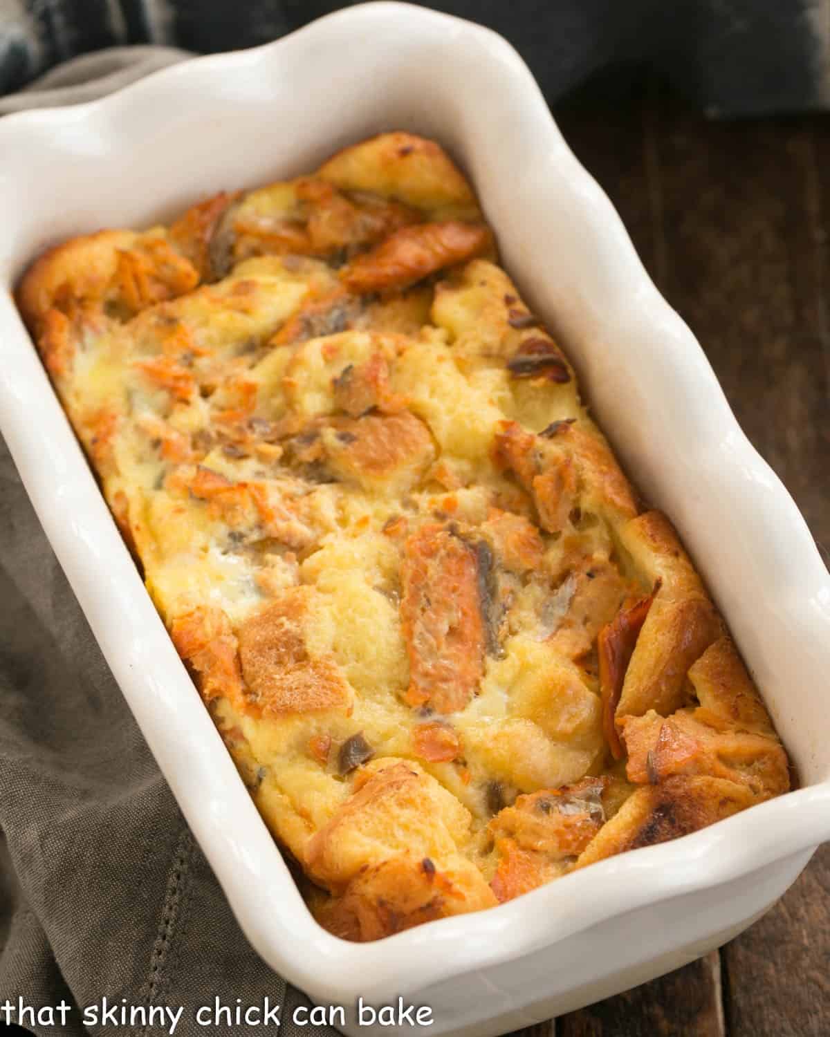 Salmon loaf overhead view in a ceramic loaf pan.