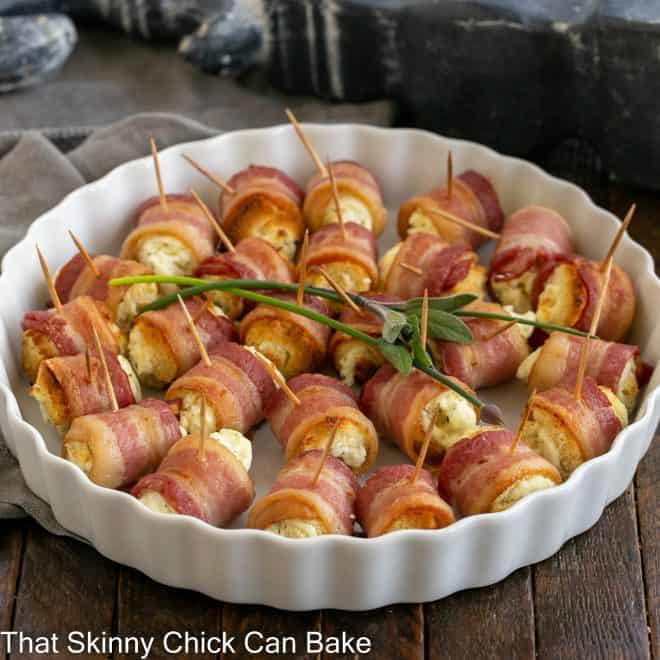 Bacon and Cheese Rolls in a round rimmed serving dish
