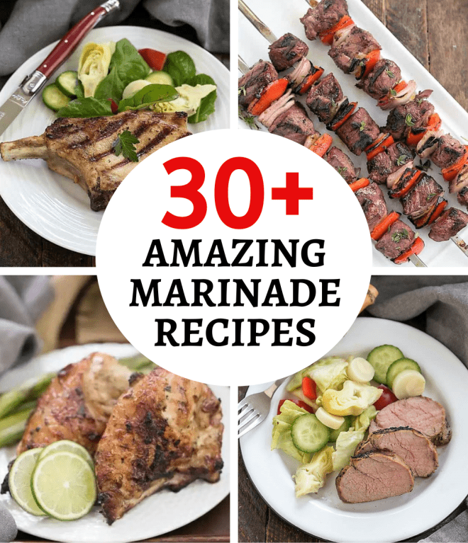 30+ Marinade Recipes collage with 4 photos and circular title text box
