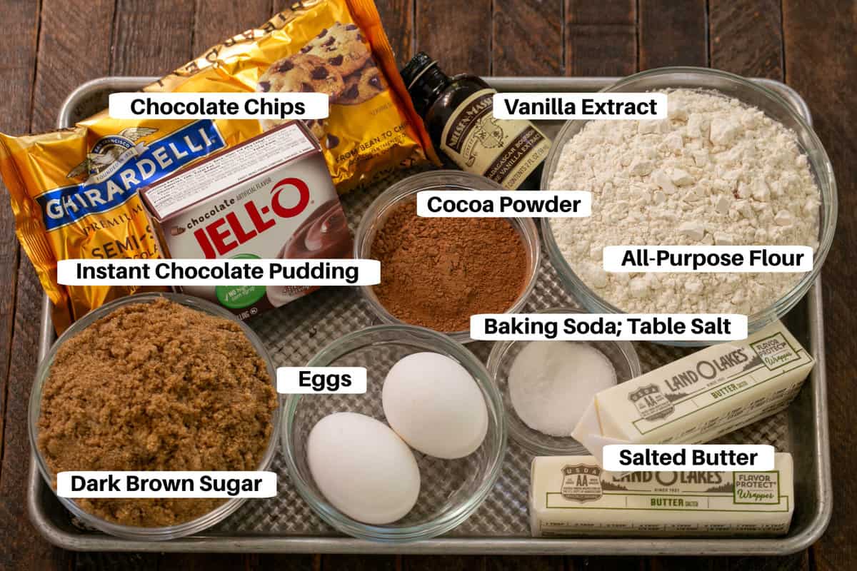 Chocolate Pudding Cookies Ingredients with labels on a sheet pan.
