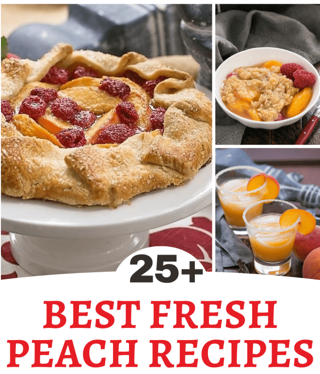 Fresh Peach Recipes Roundup collage with 3 photos over a title text box