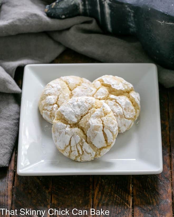 3 Gooey butter cookies on a square white plate