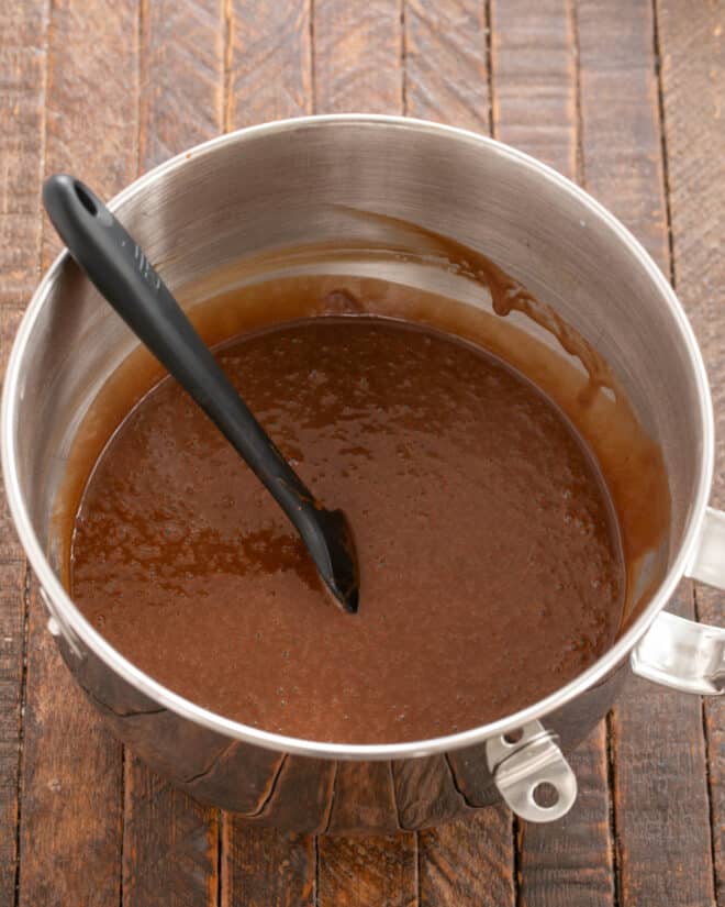 Dry and liquid ingredients blended in mixing bowl.