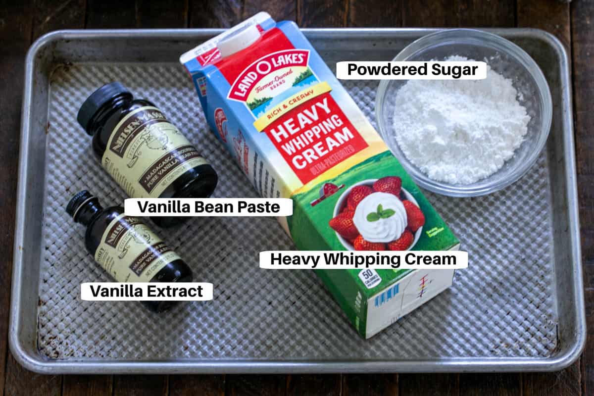 Chantilly Cream Ingredients with labels on a metal sheet pan.