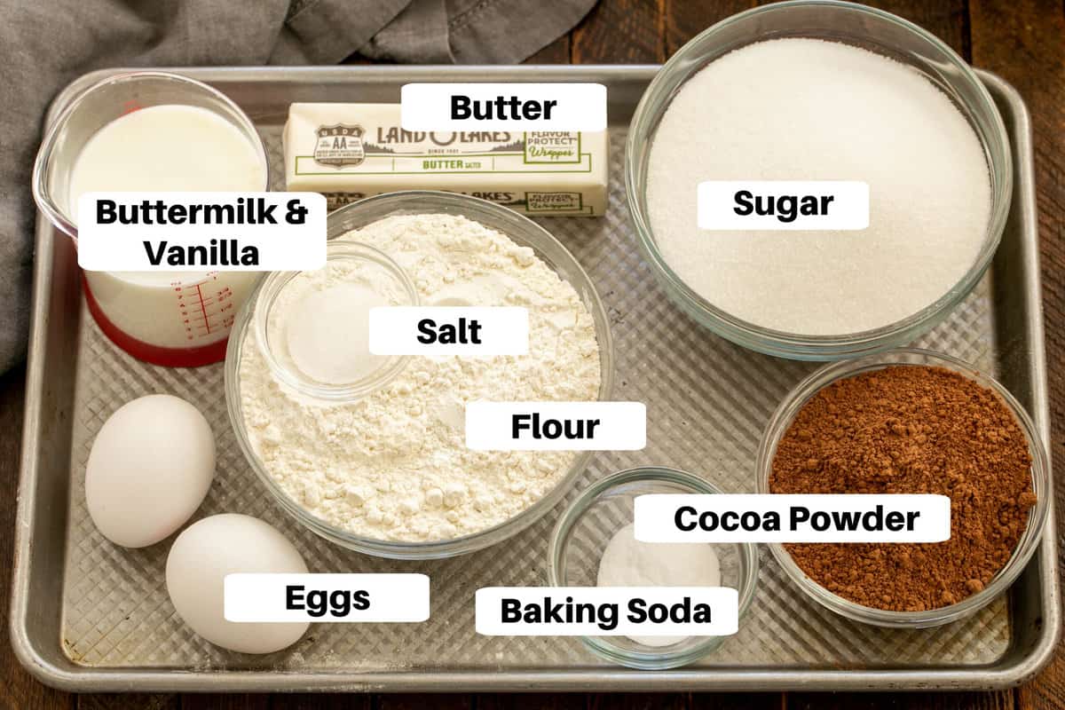 Whoopie Pie ingredients with labels on a sheetpan.