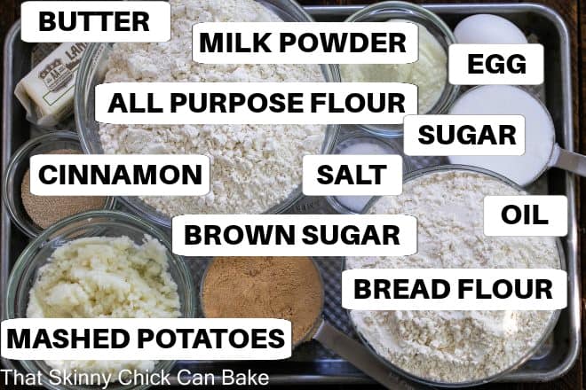 Cinnamon Roll Ingredients on a sheetpan with labels.