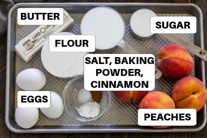 Peach Upside Down Cake Ingredients with labels on a sheetpan.