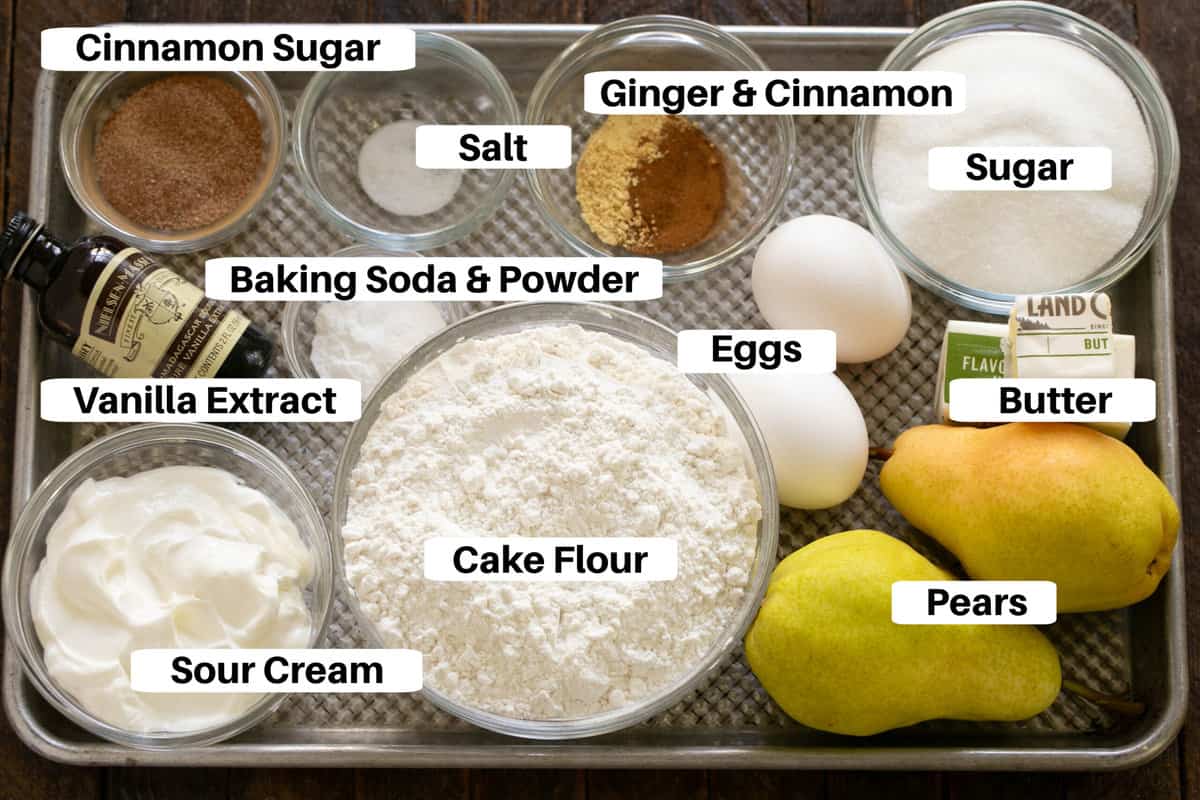 Pear Bread Ingredients on a sheet pan with labels.