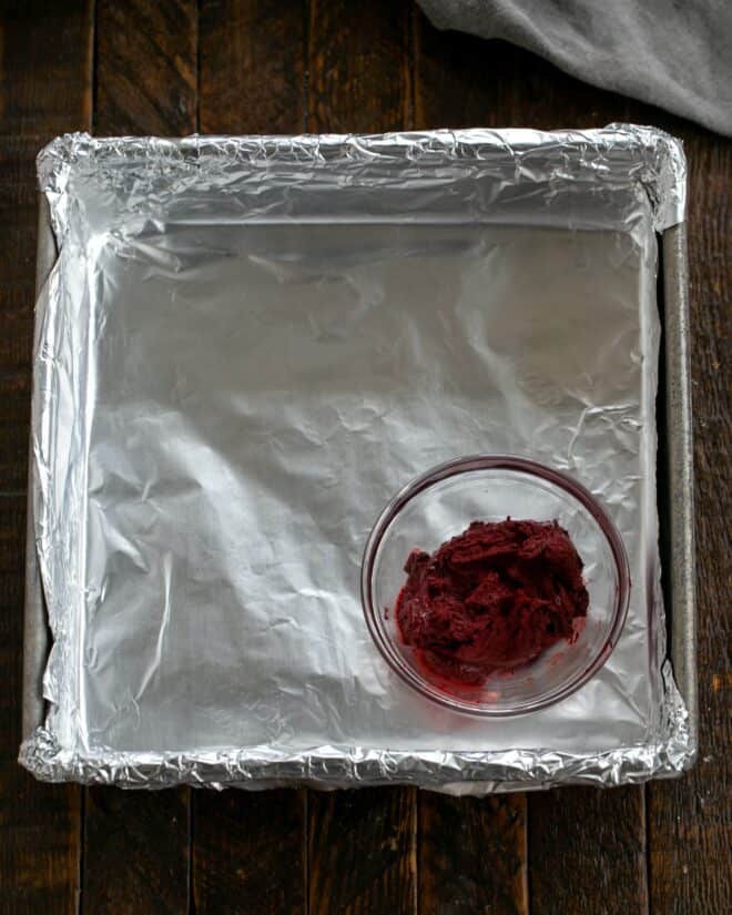 Red velvet brownies pan with red velvet paste.