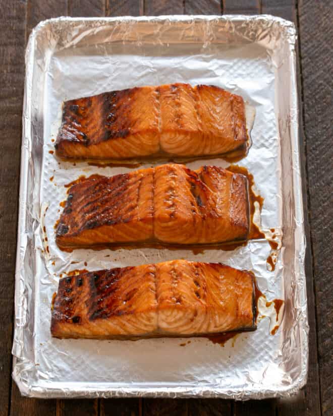 Salmon broiled on a sheetpan.