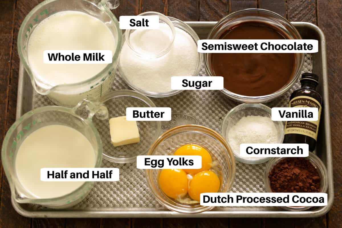 Labeled Chocolate Pudding Ingredients on a sheet pan.