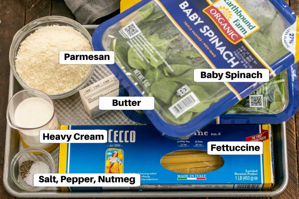 Ingredients for Fettuccine with spinach on a baking sheet with labels.