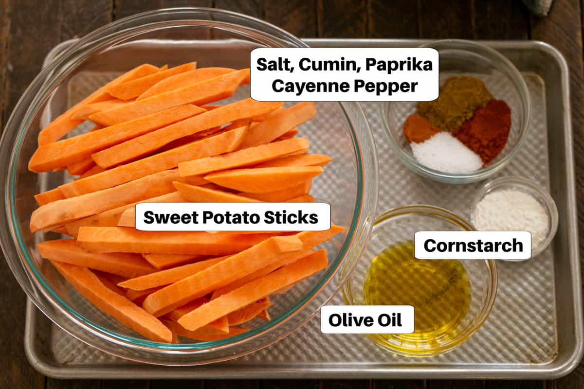 Sweet Potato Fries Ingredients with labels on a sheetpan.