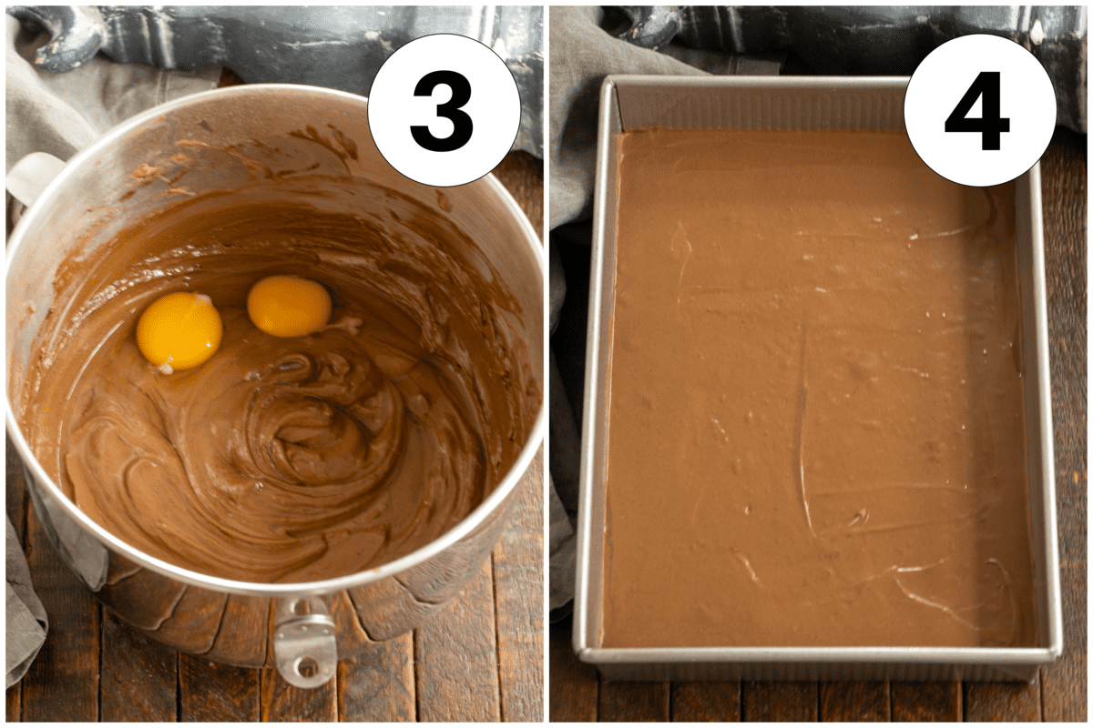 Process shots 3.4 for cocoa fudge cake.