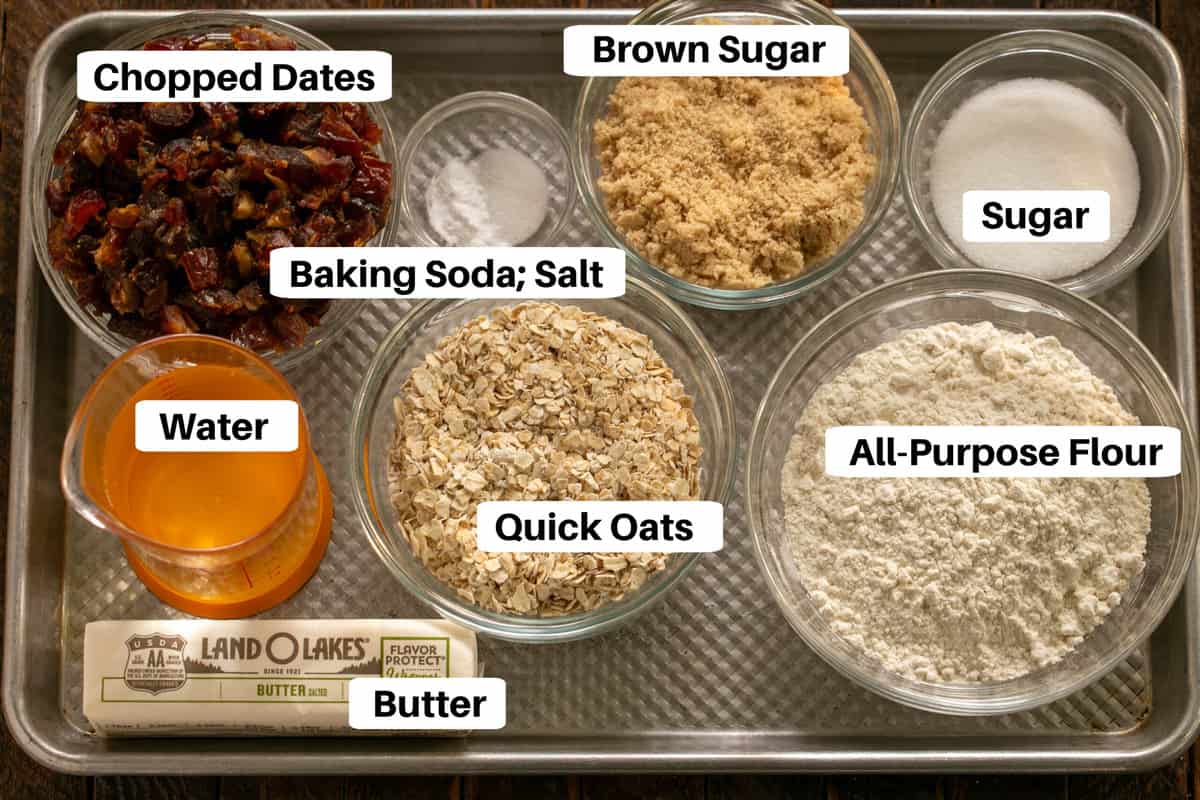 Date Streusel Bars Ingredients with labels on a sheet pan.