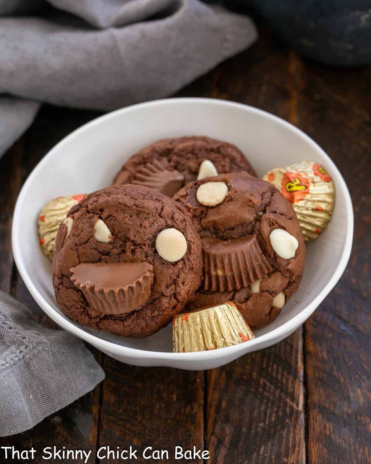 Moose Track Cookies in a white bowl.