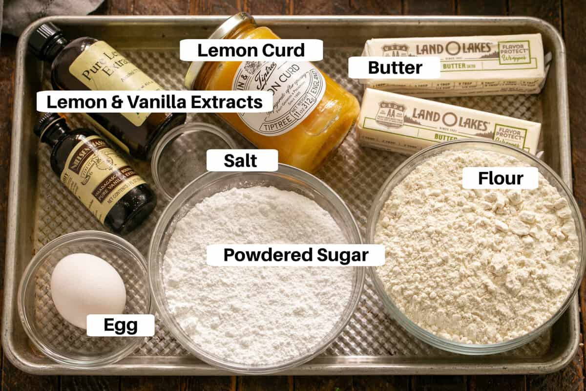 Lemon Thumbprints Ingredients with labels on a metal sheetpan.
