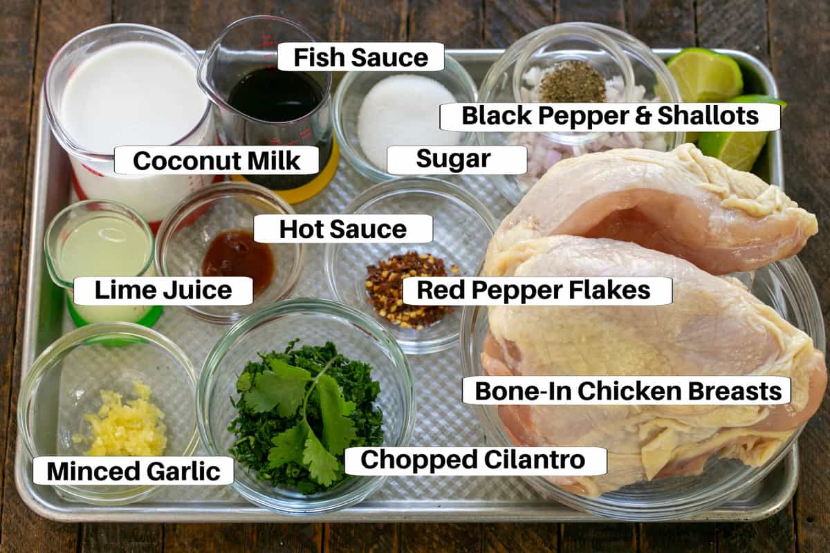 Thai Chicken Ingredients with labels on a sheetpan.