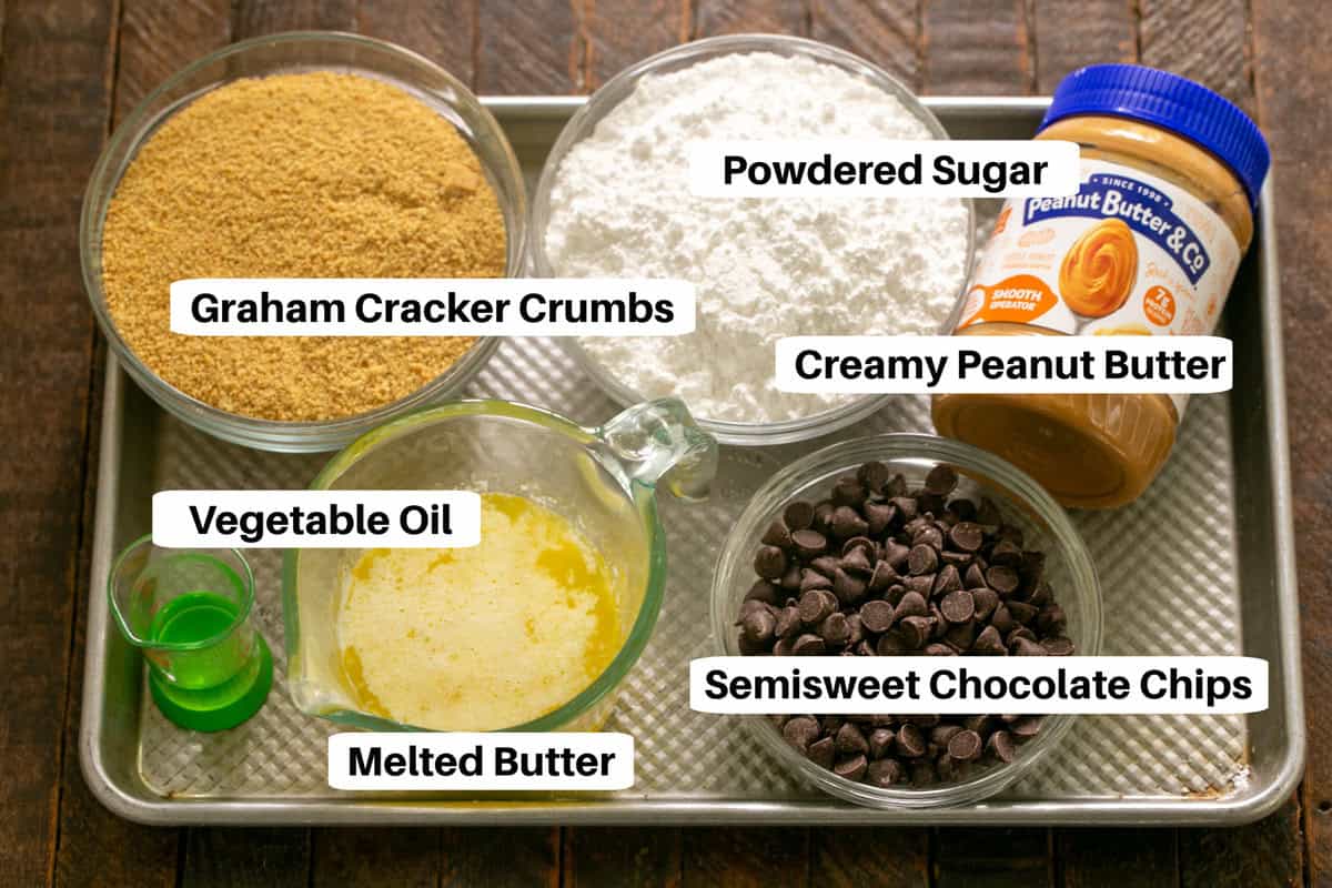 Peanut Butter Bars Ingredients with labels on a sheetpan.