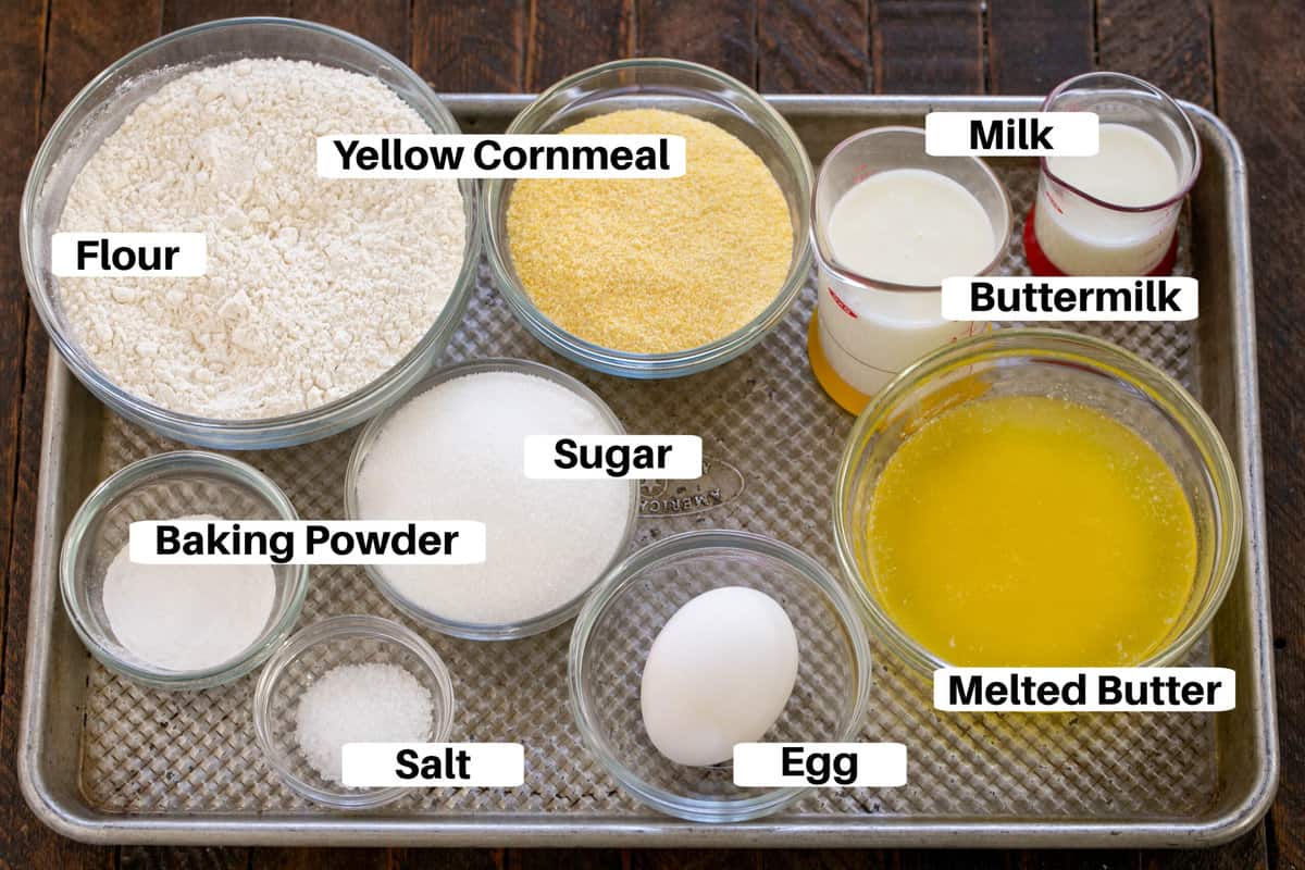 Buttermilk Corn Muffins Ingredients on a metal sheet pan with labels.