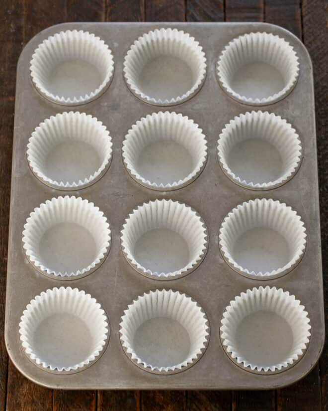 Muffin tin with paper liners.