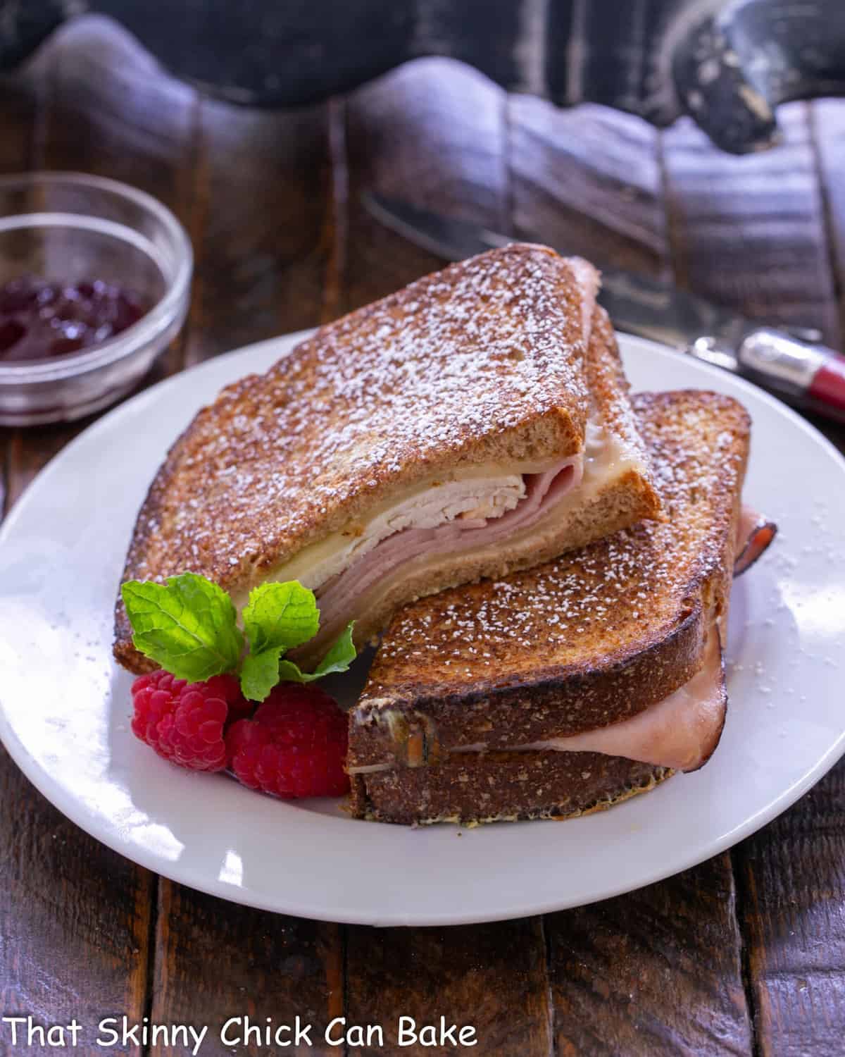 Monte Cristo Sandwich on a white lunch plate.