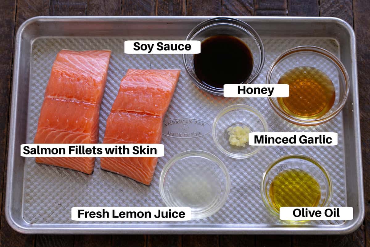 Marinated Salmon for Two Ingredients o a sheet pan with text labels.