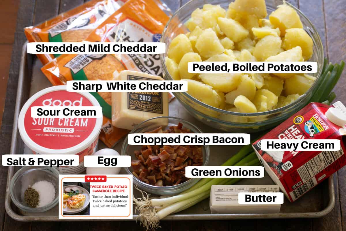 Twice Baked Potato Casserole Ingredients on metal sheet pan with labels.