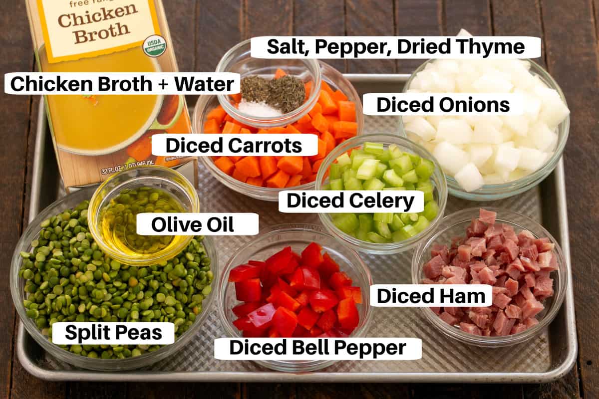 Split Pea Soup Ingredients with labels on a metal sheet pan.