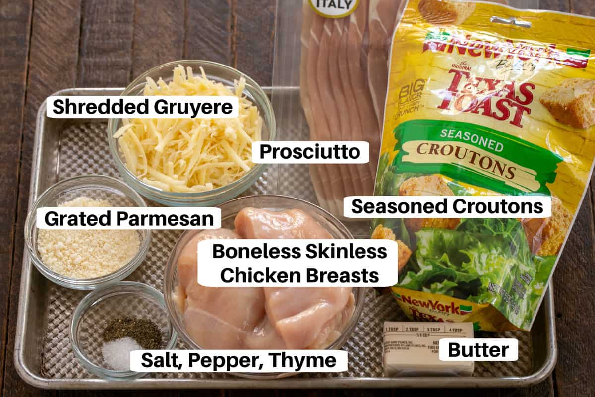 Chicken Cordon Bleu Ingredients on a sheetpan with labels.