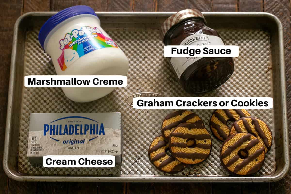 S'mores Dip Ingredients with labels on a sheet pan.