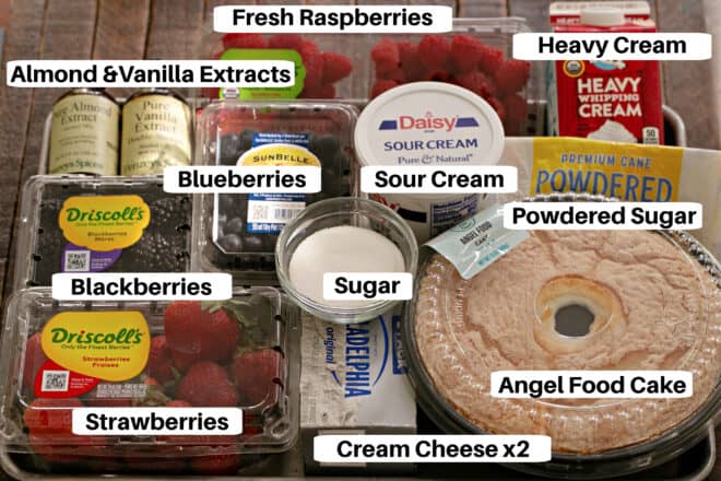 Berry trifle ingredients on a sheetpan with labels.